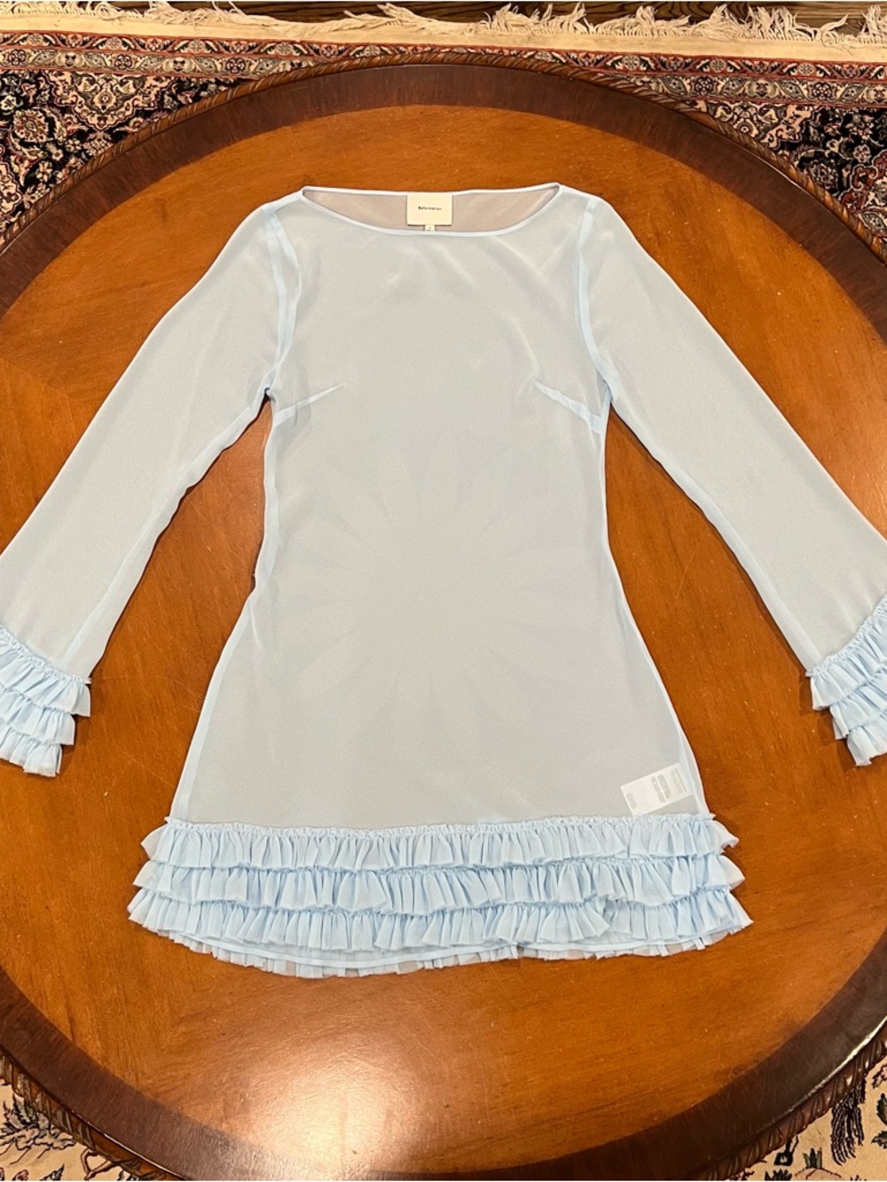 Reformation Avalina Sheer‎ Long-Sleeve Mini Dress Light Blue 4 MISSING SLIP - Picture 4 of 16